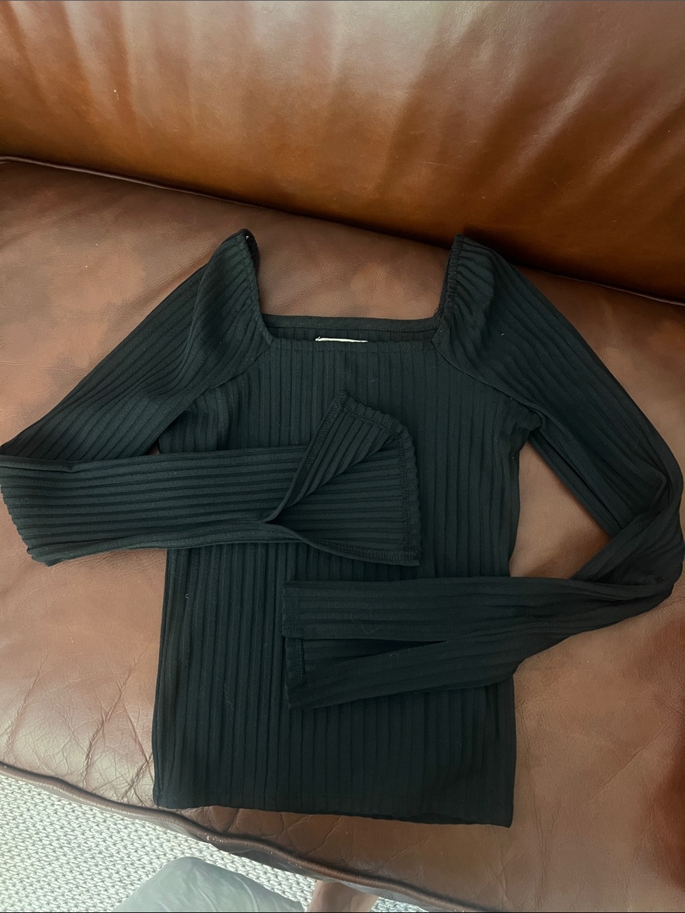 Madewell Black Ribbed Square-Neck Long Sleeve Top